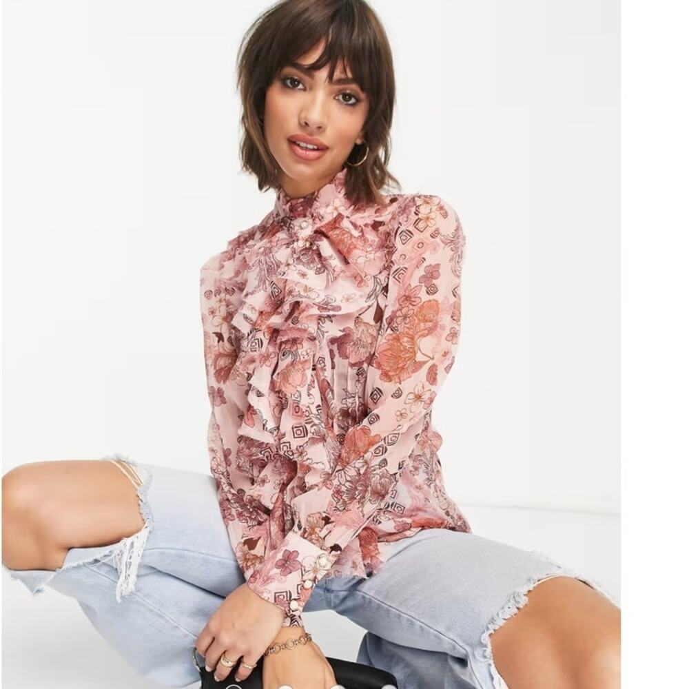 River Island Ruffle Blouse Size 16 Pink Floral Sheer Boho Whimsical Coquette